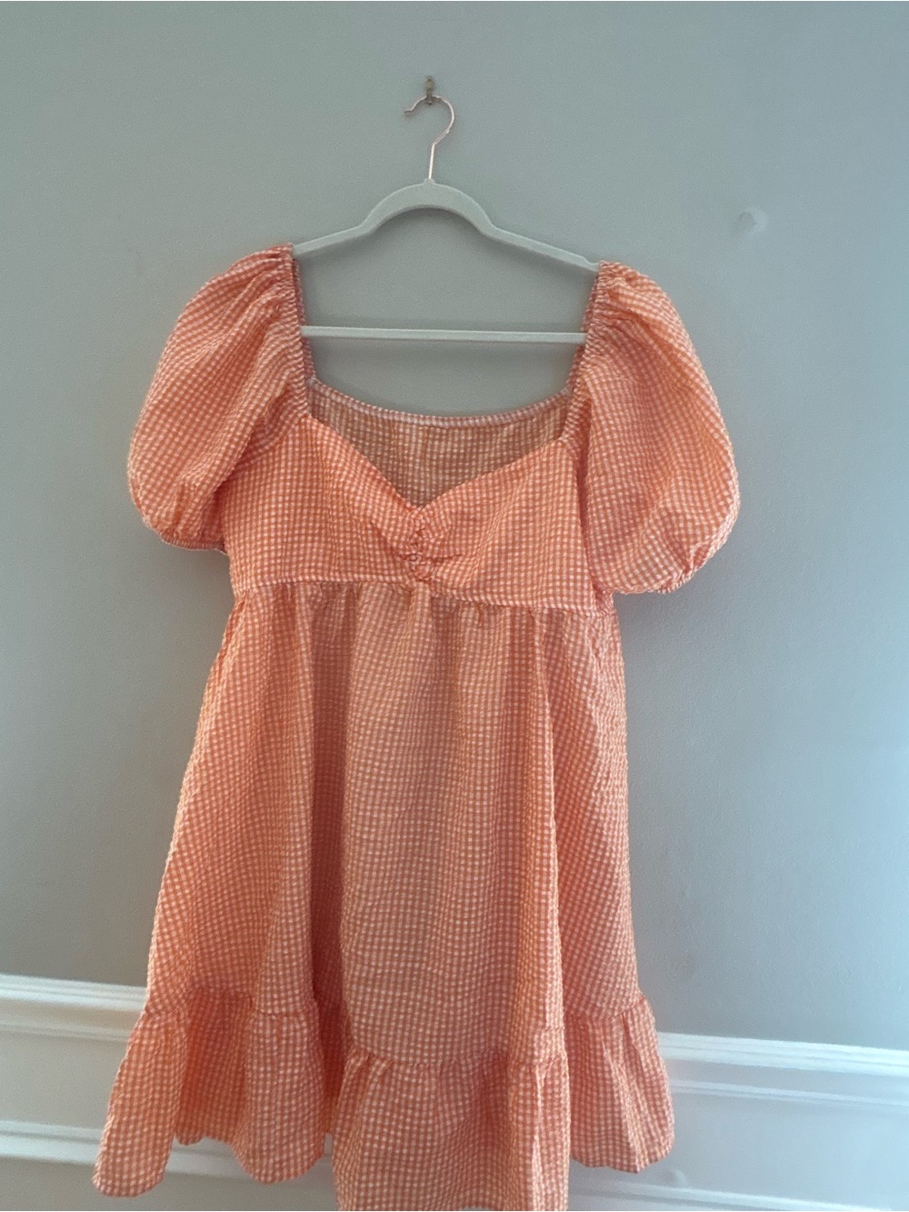 SHEIN Peach Gingham Puff-Sleeve Mini Dress
